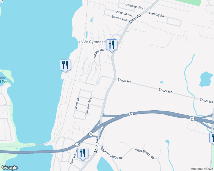 map of restaurants, bars, coffee shops, grocery stores, and more near 1105 Main Road in Tiverton