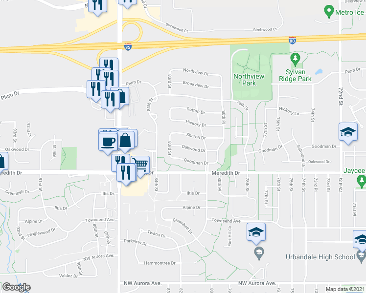 map of restaurants, bars, coffee shops, grocery stores, and more near 8207 Oakwood Drive in Urbandale