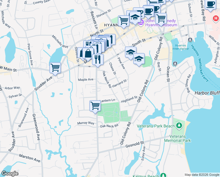 map of restaurants, bars, coffee shops, grocery stores, and more near 98 Oak Neck Road in Barnstable
