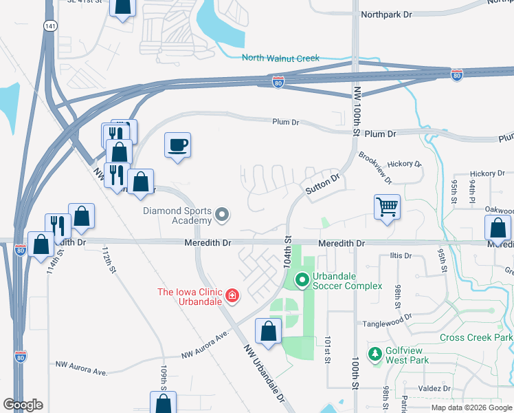 map of restaurants, bars, coffee shops, grocery stores, and more near 10615 Sharon Circle in Urbandale