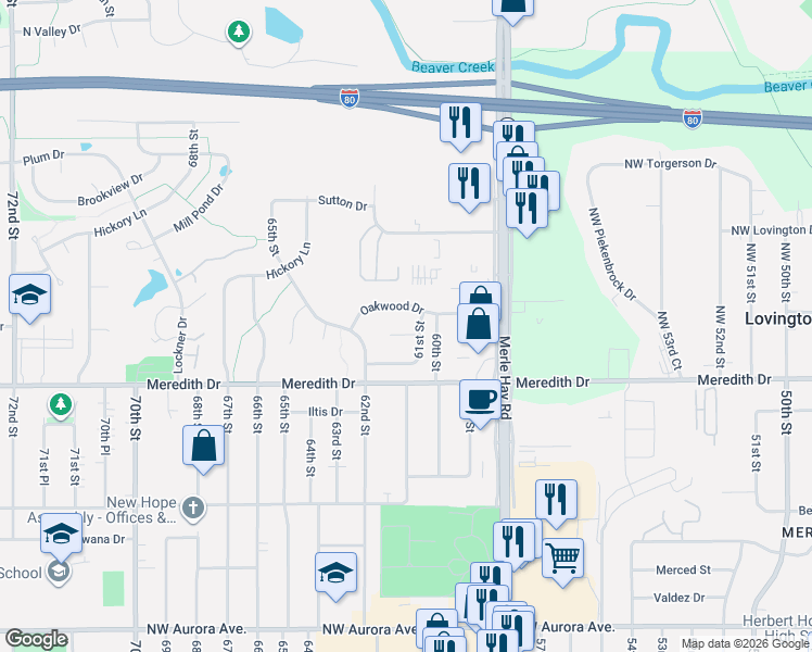 map of restaurants, bars, coffee shops, grocery stores, and more near 6120 Oakwood Drive in Urbandale