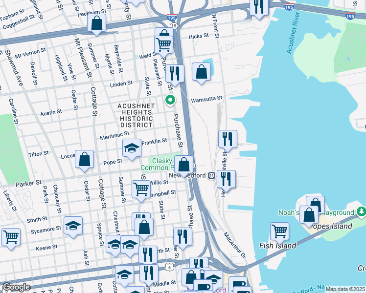 map of restaurants, bars, coffee shops, grocery stores, and more near 1538-1540 Purchase Street in New Bedford
