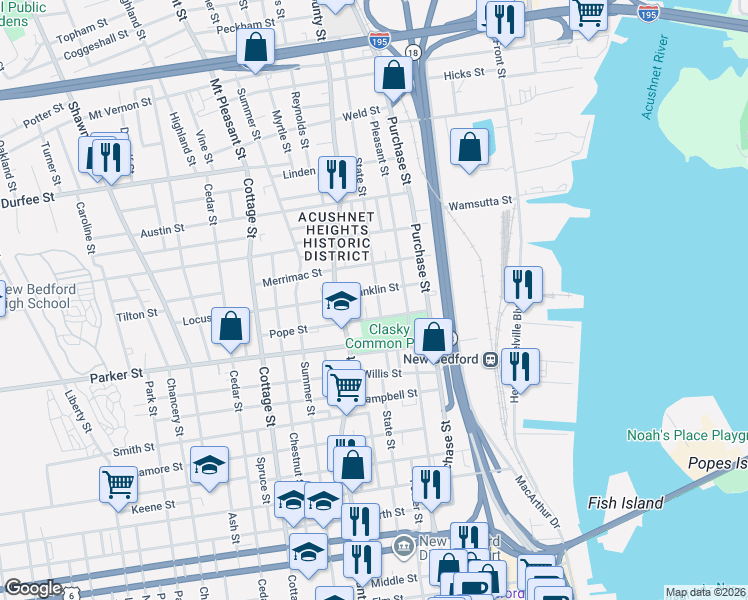 map of restaurants, bars, coffee shops, grocery stores, and more near 29 Franklin Street in New Bedford