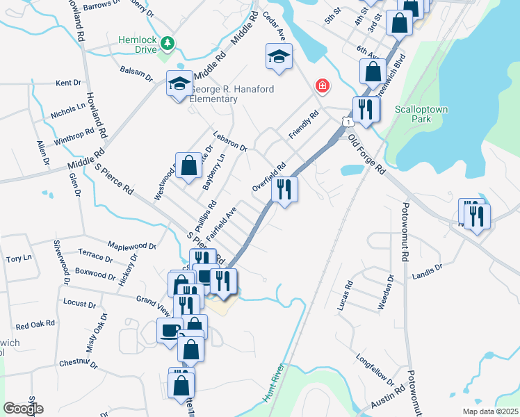 map of restaurants, bars, coffee shops, grocery stores, and more near 167 Overfield Road in East Greenwich