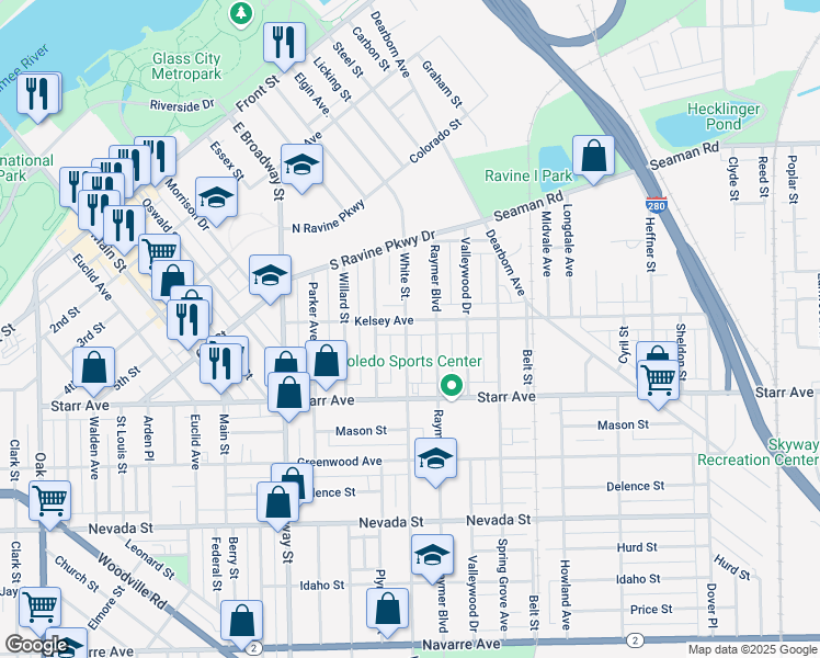 map of restaurants, bars, coffee shops, grocery stores, and more near 1405 Kelsey Avenue in Toledo