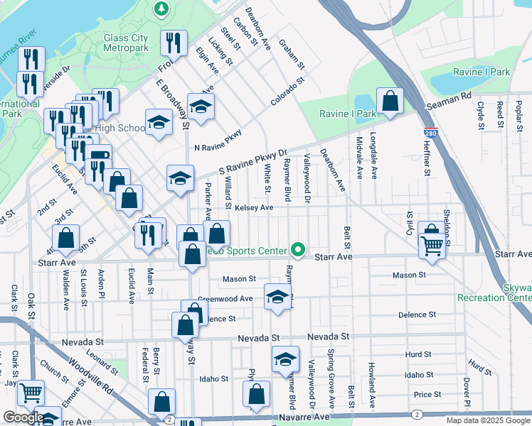 map of restaurants, bars, coffee shops, grocery stores, and more near 1405 Kelsey Avenue in Toledo