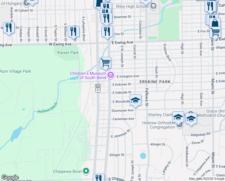 map of restaurants, bars, coffee shops, grocery stores, and more near 124 East Eckman Street in South Bend