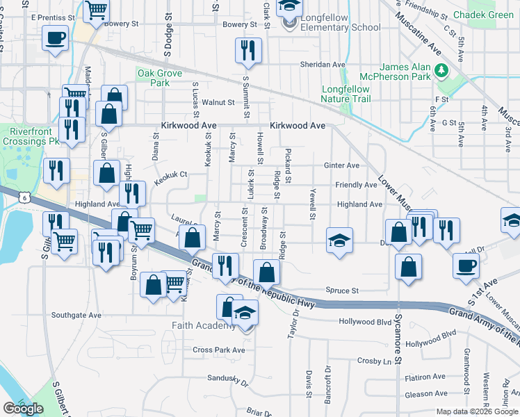 map of restaurants, bars, coffee shops, grocery stores, and more near 1024 Highland Avenue in Iowa City