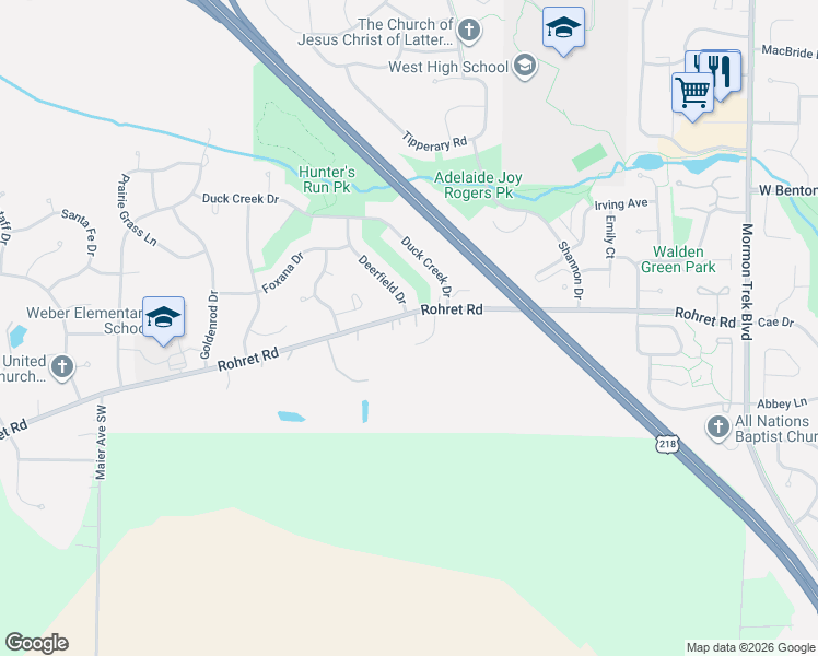 map of restaurants, bars, coffee shops, grocery stores, and more near 3235 Rohret Road in Iowa City