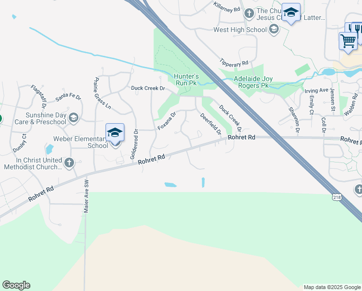 map of restaurants, bars, coffee shops, grocery stores, and more near 25 Hunters Court in Iowa City