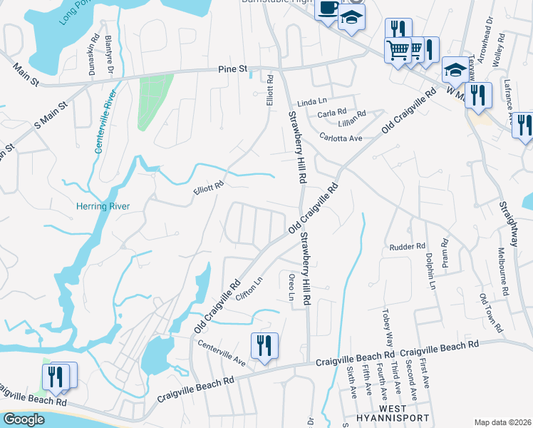 map of restaurants, bars, coffee shops, grocery stores, and more near 56 Farm Hill Road in Barnstable