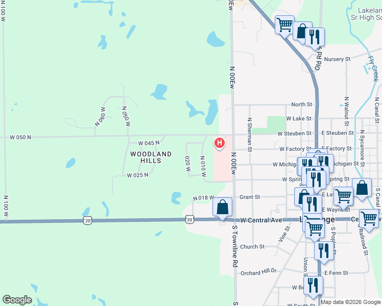 map of restaurants, bars, coffee shops, grocery stores, and more near W 045 N in LaGrange