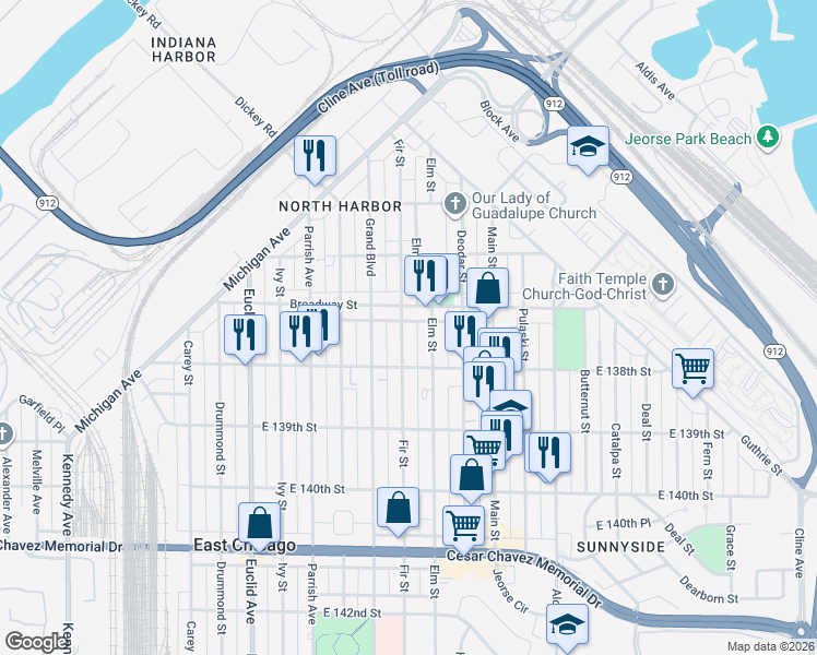 map of restaurants, bars, coffee shops, grocery stores, and more near 1901 Broadway Street in Gary
