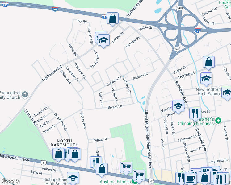 map of restaurants, bars, coffee shops, grocery stores, and more near 58 Cherry Tree Lane in New Bedford