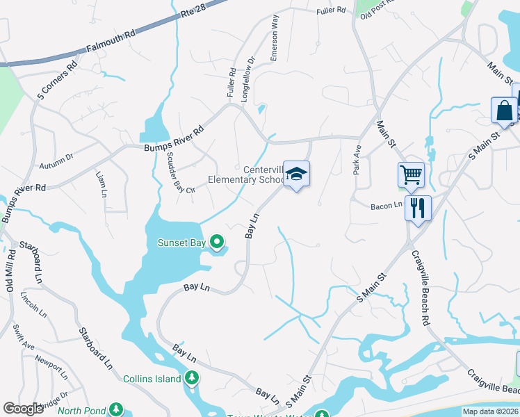 map of restaurants, bars, coffee shops, grocery stores, and more near 585 Bay Lane in Barnstable
