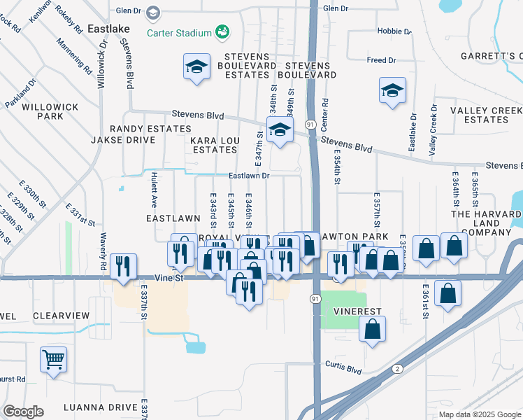 map of restaurants, bars, coffee shops, grocery stores, and more near 1250 East 348th Street in Eastlake