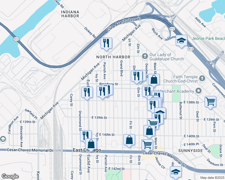 map of restaurants, bars, coffee shops, grocery stores, and more near 3714 Hemlock Street in East Chicago