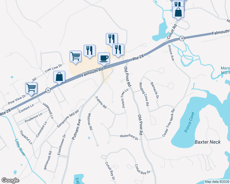 map of restaurants, bars, coffee shops, grocery stores, and more near 42 Frazier Way in Barnstable