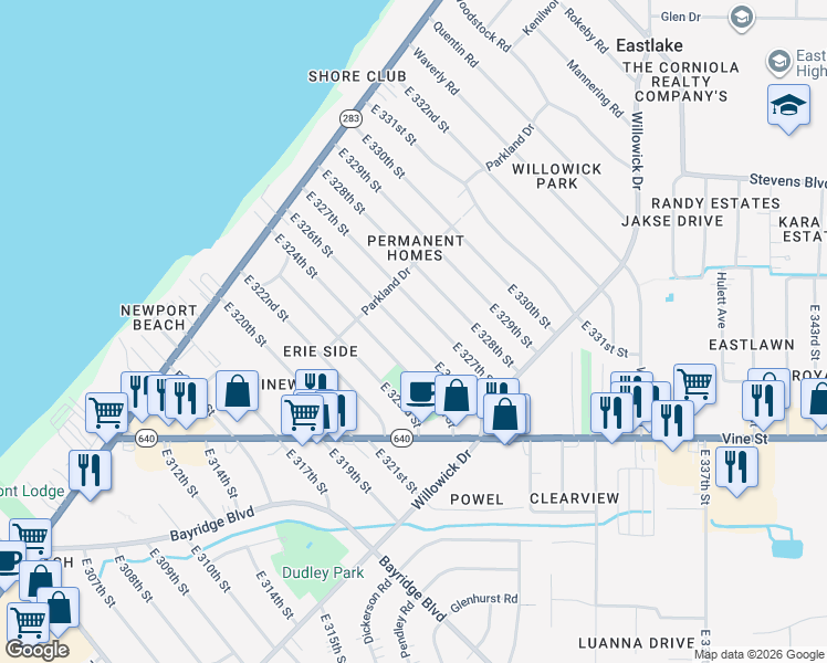 map of restaurants, bars, coffee shops, grocery stores, and more near 392 East 327th Street in Willowick