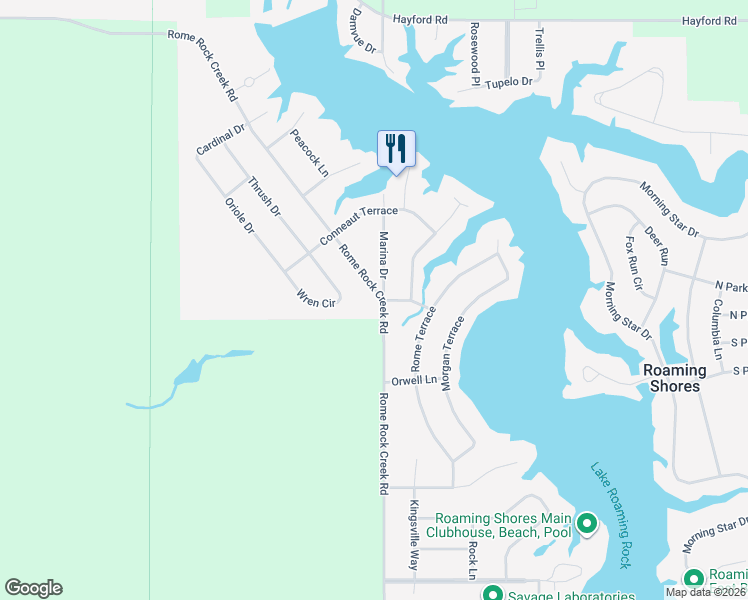 map of restaurants, bars, coffee shops, grocery stores, and more near 680 Rome Rock Creek Road in Roaming Shores