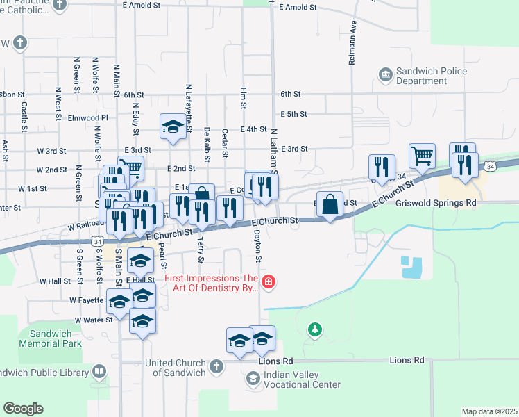 map of restaurants, bars, coffee shops, grocery stores, and more near 708 East Railroad Street in Sandwich
