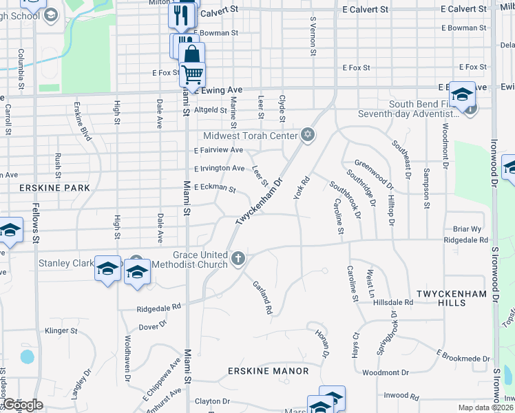map of restaurants, bars, coffee shops, grocery stores, and more near 2898 S Twyckenham Dr in South Bend