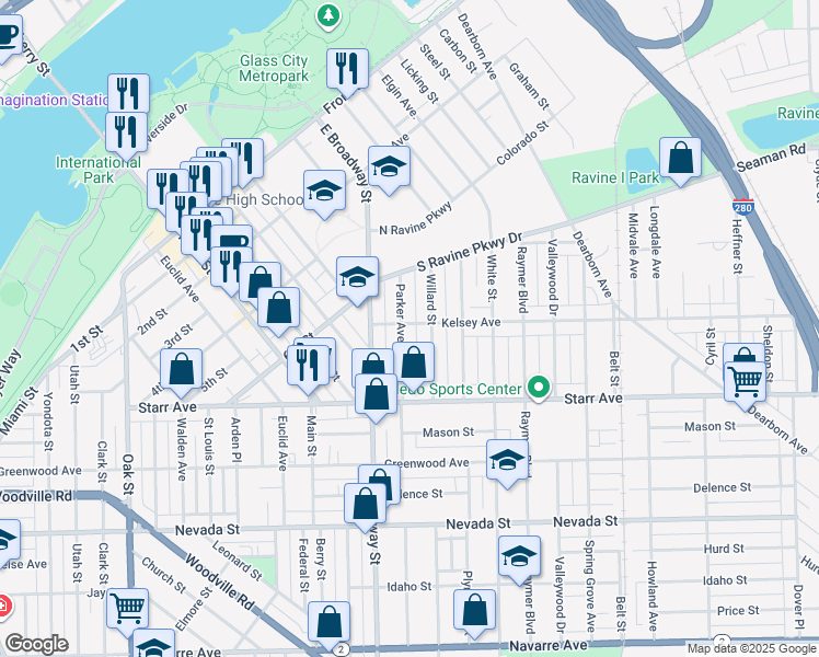 map of restaurants, bars, coffee shops, grocery stores, and more near 1117 Kelsey Avenue in Toledo