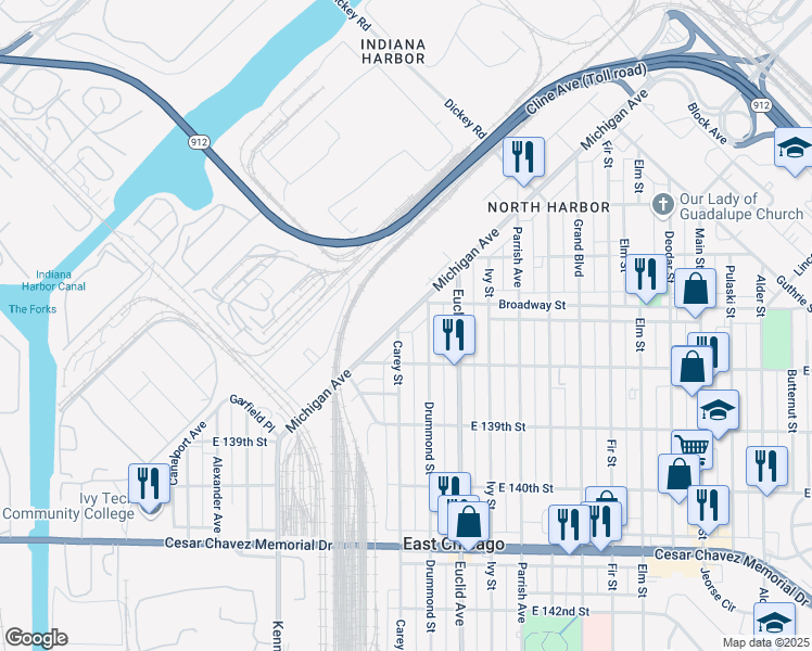 map of restaurants, bars, coffee shops, grocery stores, and more near 3729 Michigan Avenue in Hammond