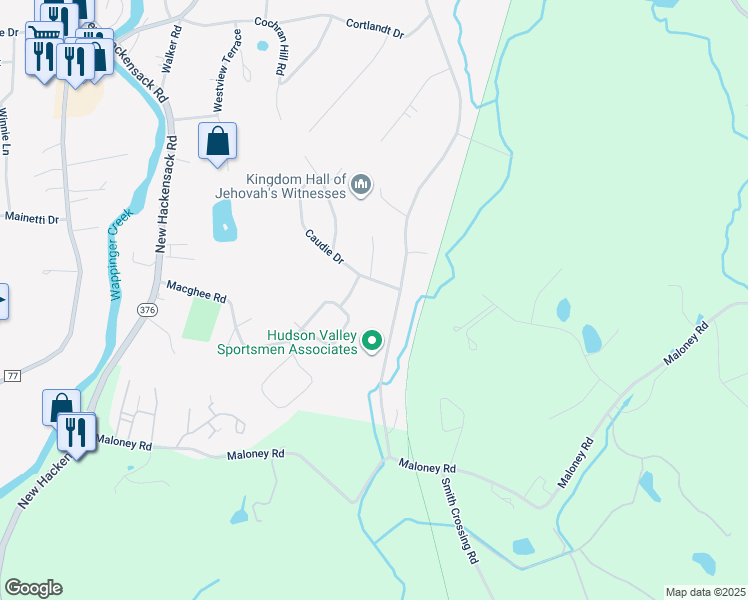 map of restaurants, bars, coffee shops, grocery stores, and more near 3 Caudie Drive in Poughkeepsie