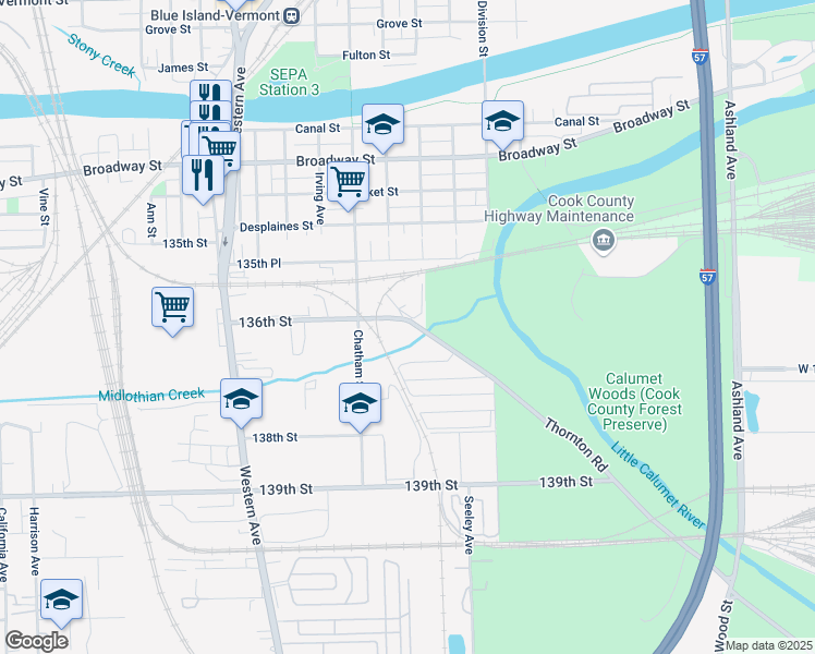 map of restaurants, bars, coffee shops, grocery stores, and more near 13630 Thornton Road in Blue Island