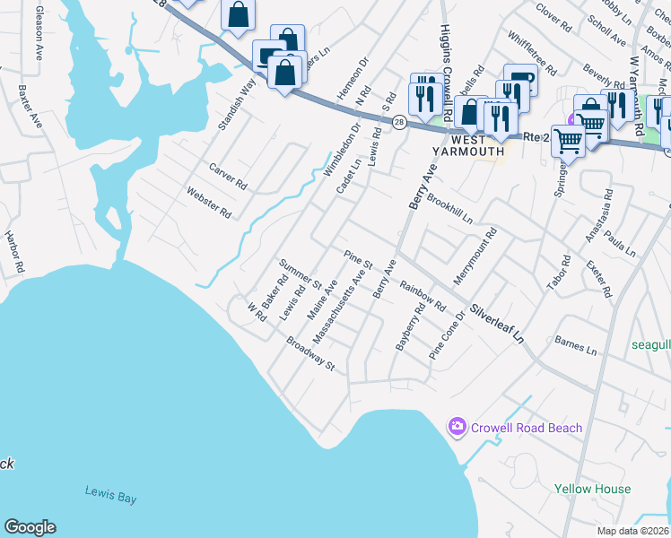 map of restaurants, bars, coffee shops, grocery stores, and more near 11 Maine Avenue in Yarmouth