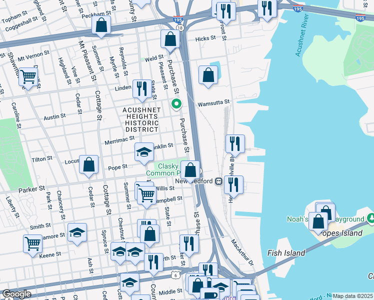 map of restaurants, bars, coffee shops, grocery stores, and more near 1538-1540 Purchase Street in New Bedford