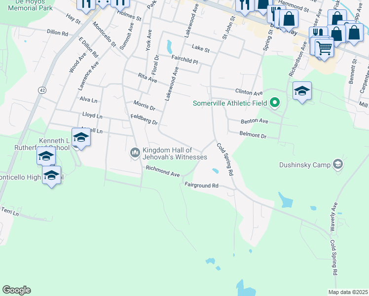 map of restaurants, bars, coffee shops, grocery stores, and more near 37 Woodcliff Avenue in Monticello