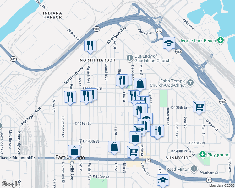 map of restaurants, bars, coffee shops, grocery stores, and more near 1901 Broadway Street in Gary
