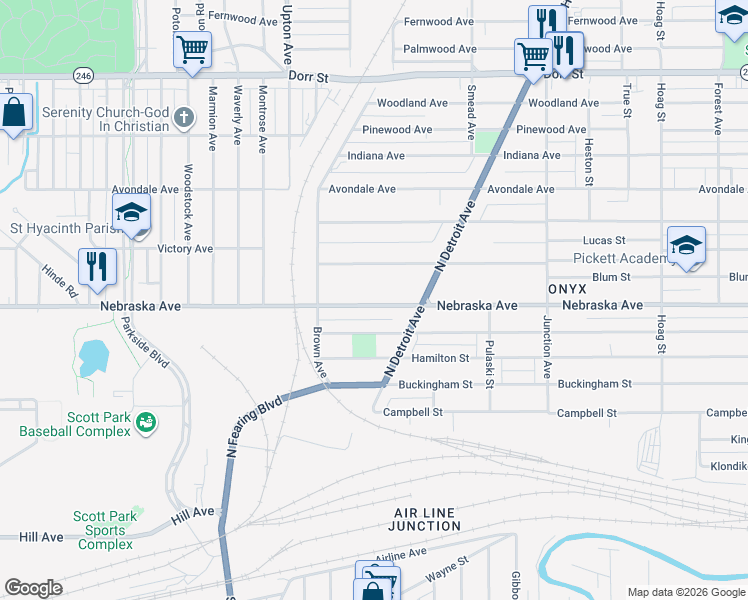 map of restaurants, bars, coffee shops, grocery stores, and more near 1650 Nebraska Avenue in Toledo