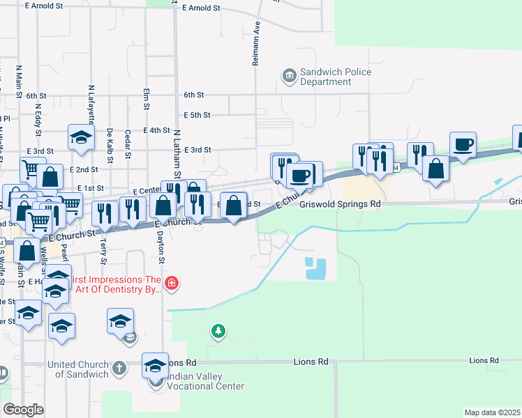 map of restaurants, bars, coffee shops, grocery stores, and more near 1112 East Railroad Street in Sandwich