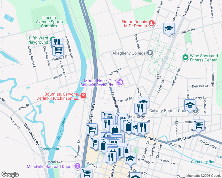 map of restaurants, bars, coffee shops, grocery stores, and more near Terrace Street in Meadville