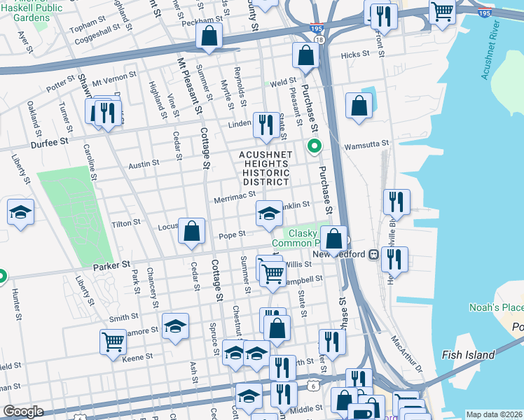 map of restaurants, bars, coffee shops, grocery stores, and more near 735 County Street in New Bedford