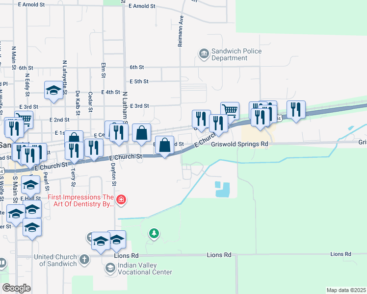 map of restaurants, bars, coffee shops, grocery stores, and more near 1112 East Railroad Street in Sandwich