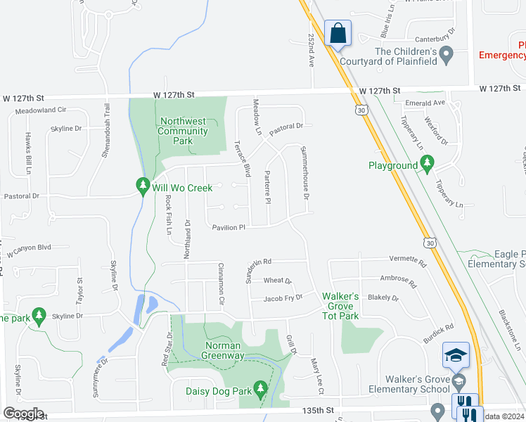 map of restaurants, bars, coffee shops, grocery stores, and more near 12942 Parterre Place in Plainfield