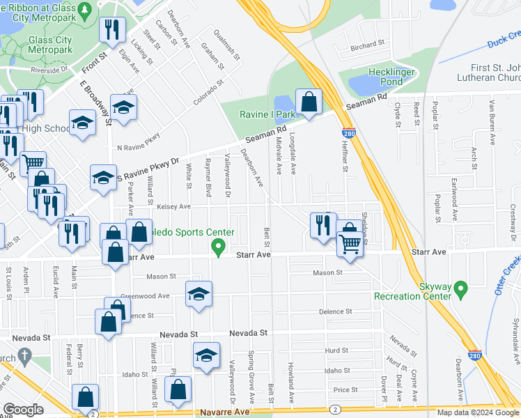 map of restaurants, bars, coffee shops, grocery stores, and more near 1720 Kelsey Avenue in Toledo