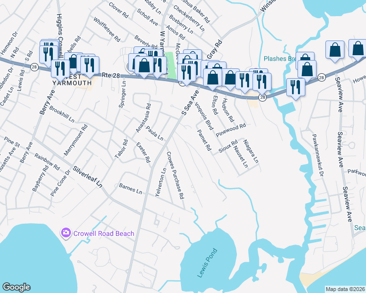 map of restaurants, bars, coffee shops, grocery stores, and more near 17A Nearmeadows Road in Yarmouth