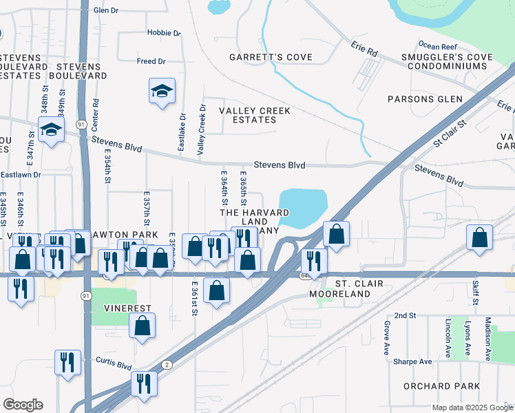 map of restaurants, bars, coffee shops, grocery stores, and more near 3819 East 365th Street in Willoughby