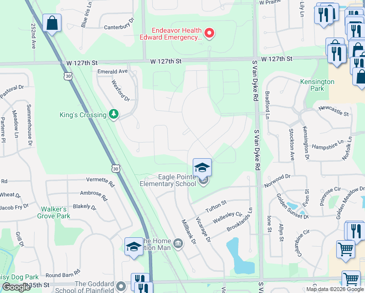 map of restaurants, bars, coffee shops, grocery stores, and more near 13100 Vicarage Drive in Plainfield