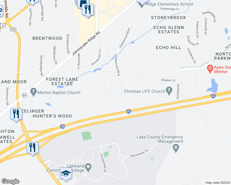 map of restaurants, bars, coffee shops, grocery stores, and more near 8280 Deepwood Boulevard in Mentor