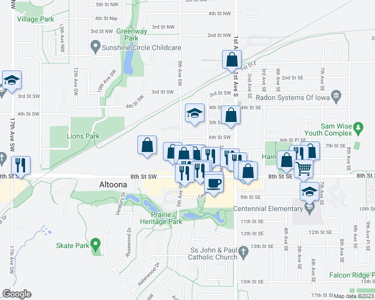 map of restaurants, bars, coffee shops, grocery stores, and more near 445 7th Street Place Southwest in Altoona