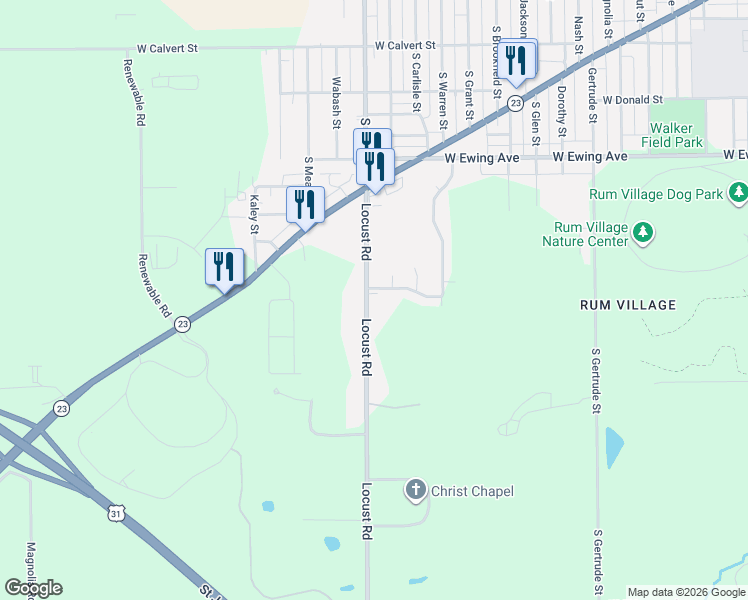 map of restaurants, bars, coffee shops, grocery stores, and more near 2530-2614 Locust Rd in South Bend