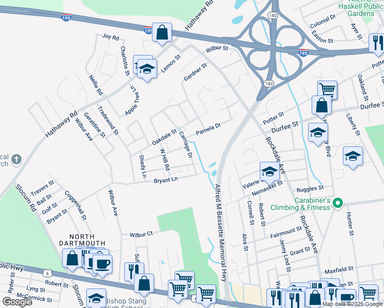 map of restaurants, bars, coffee shops, grocery stores, and more near 40 Carriage Drive in New Bedford