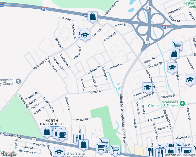 map of restaurants, bars, coffee shops, grocery stores, and more near 50 Cherry Tree Lane in New Bedford