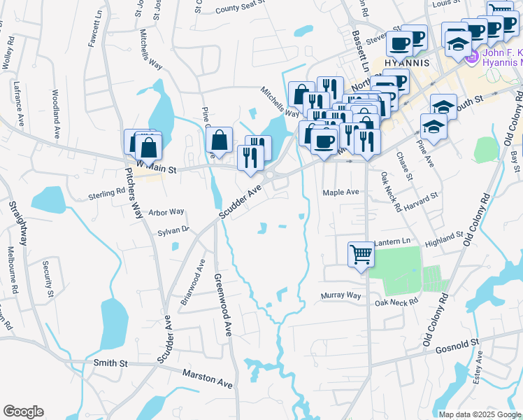 map of restaurants, bars, coffee shops, grocery stores, and more near 35 Scudder Avenue in Barnstable